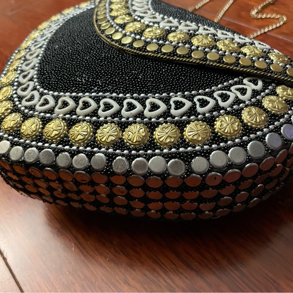 Ramla Handmade Heart Shaped Mosaic Bag Purse Clutch Black Gold Bling Bling B1 I - Picture 4 of 13
